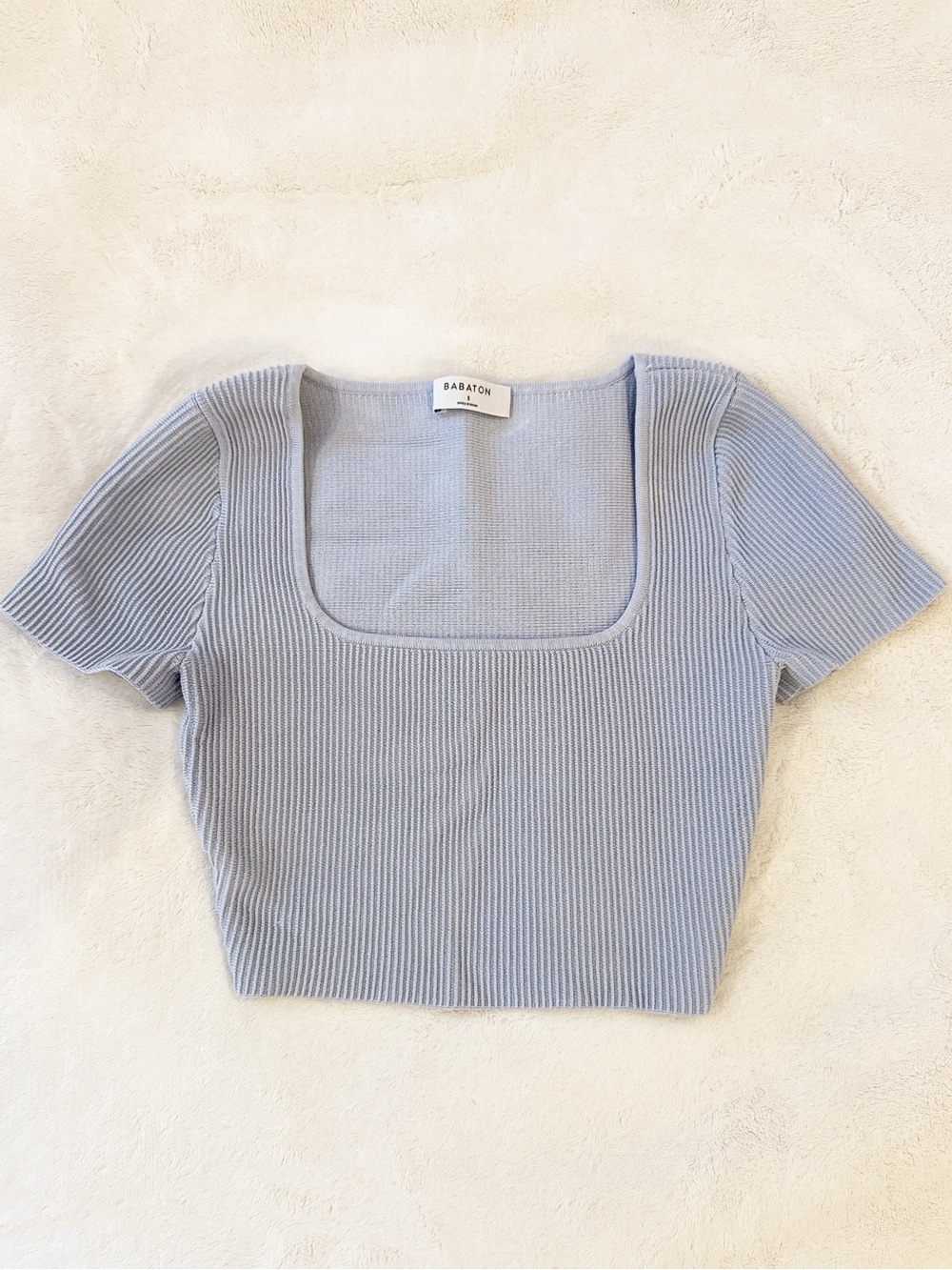 Babaton Pastel Blue Ribbed Square-Neck Crop Top